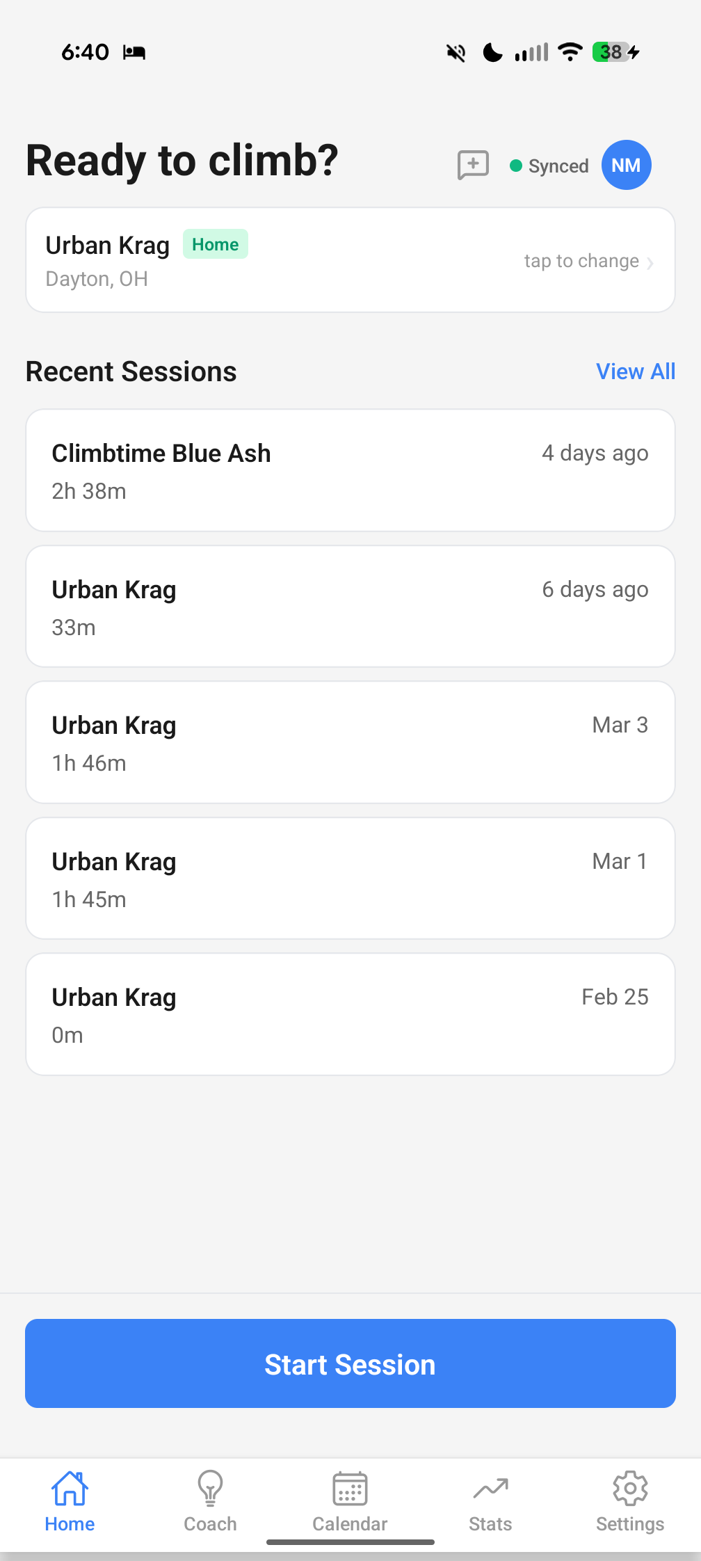 Starting a new climbing session