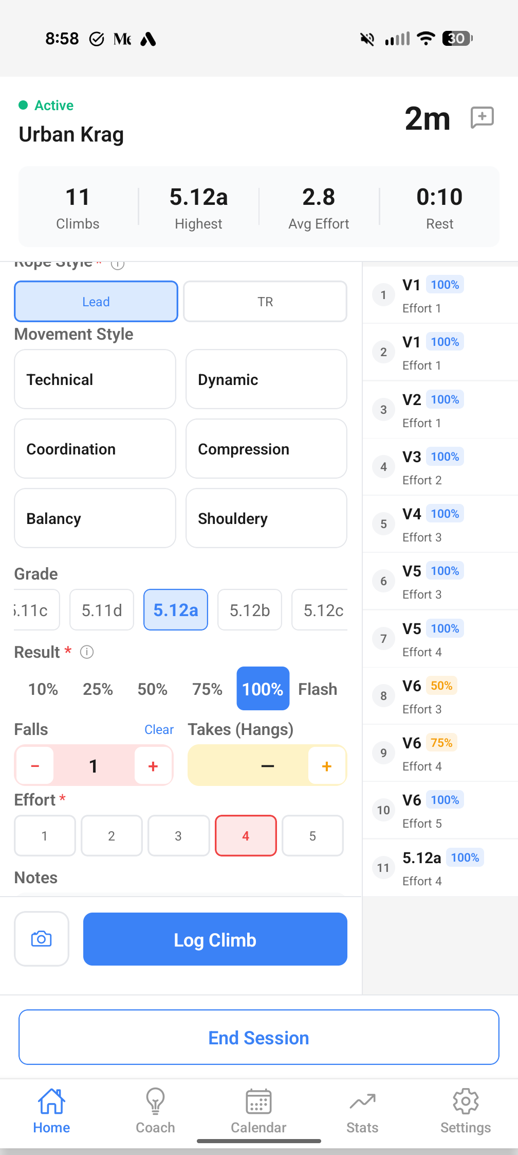 Logging a lead climb with grade picker and send type